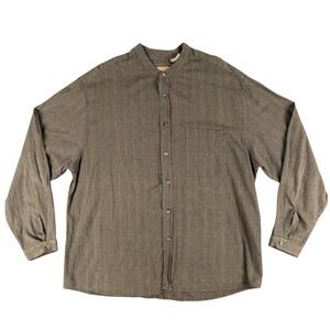 Wah Maker Shirt Mens XL Brown Striped‎ Banded Collar Frontier L/S Button Down